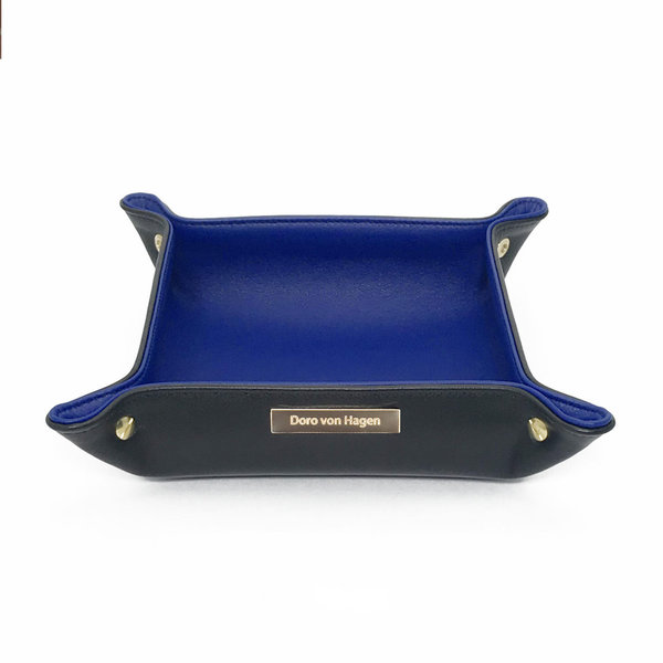 Lederschale / Schlüsselablage Leder aussen Schwarz - innen Royalblau 20 x 20 cm