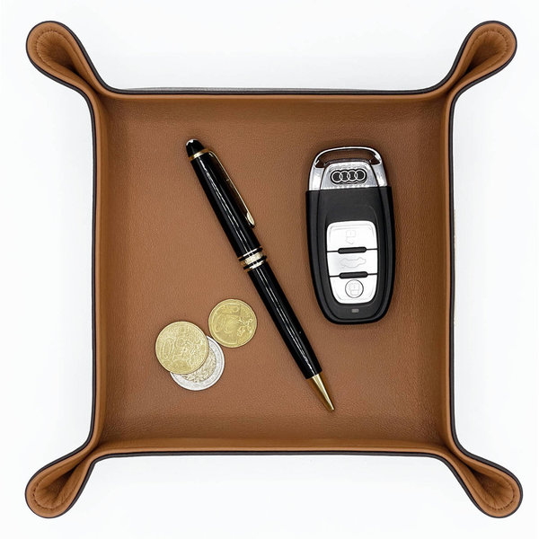 Lederschale, Schlüsselschale, Taschenleerer aussen Mokka - innen Cognac, 20 x 20 cm