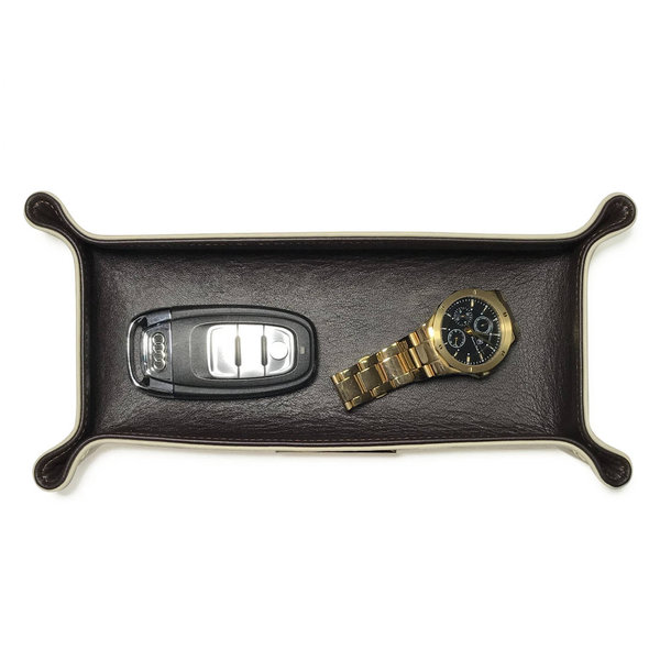 Leder Schlüsselschale / Stiftablage, aussen Creme, innen Mokka 24x12cm