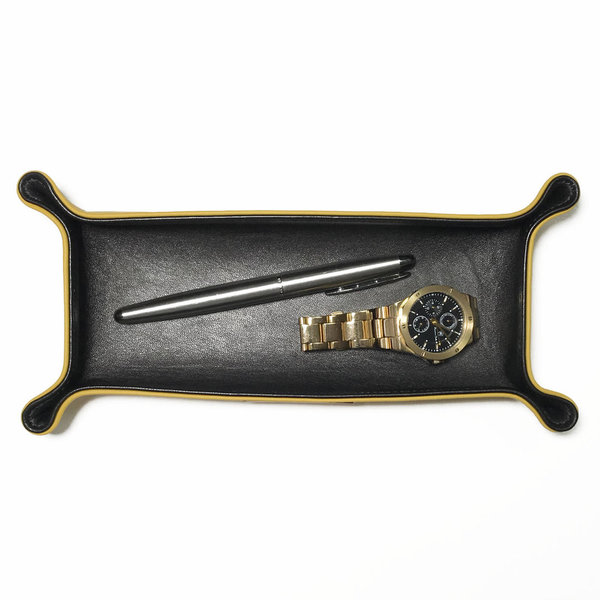 Leder Schlüsselschale / Stiftablage, aussen Safran, innen Schwarz 24x12cm