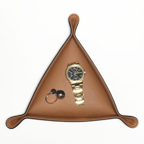 Lederschale / Taschenleerer Dreieck, aussen Mokka - innen Cognac 24 x 24 x 24 cm