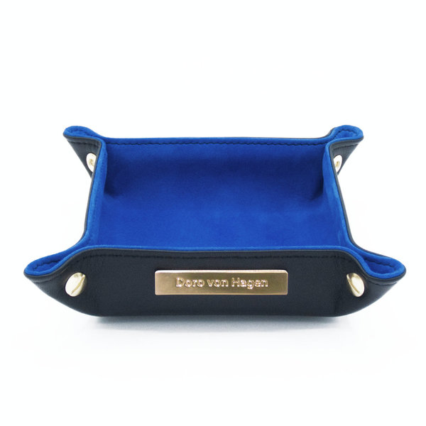 Leder Schlüsselschale / kleiner Taschenleerer, aussen Schwarz, innen Soft Velour Königsblau 14x14cm