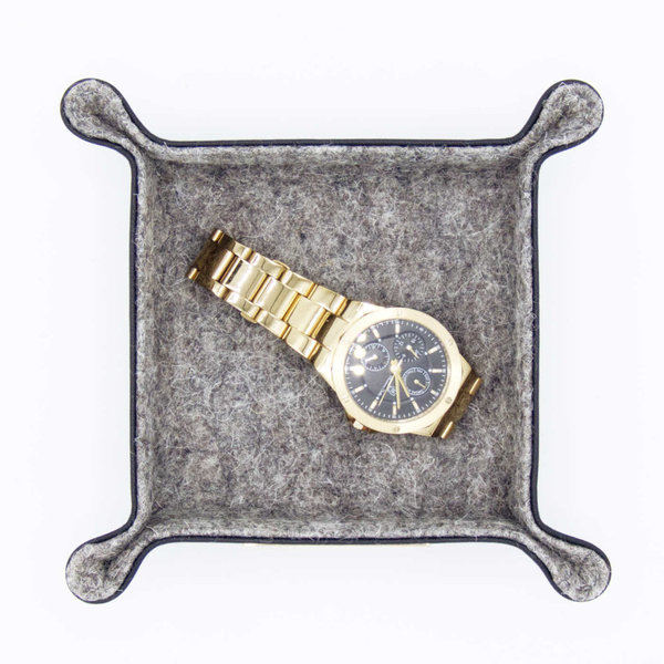 Schlüsselschale / kleiner Taschenleerer, aussen Leder Schwarz, innen Merino Wollfilz Grau 14x14cm