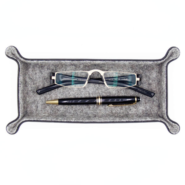 Schlüsselschale / Stiftablage, aussen Leder Schwarz, innen Merino Wollfilz Grau 24x12cm