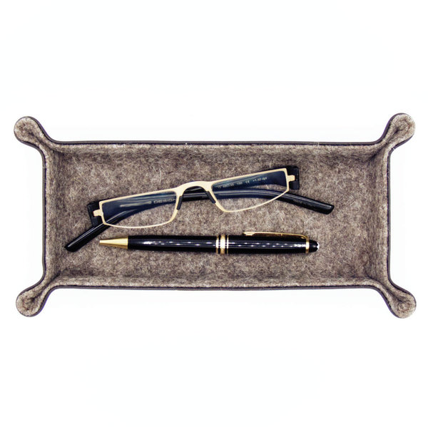 Schlüsselschale / Stiftablage, aussen Leder Dunkelbraun, innen Merino Wollfilz Braun 24x12cm