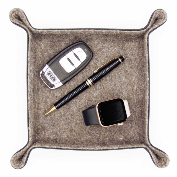 Schlüsselschale / Taschenleerer, aussen Leder Schwarz, innen Merino Wollfilz Braun 20x20cm