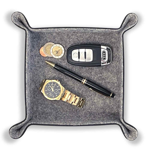 Schlüsselschale / Taschenleerer, aussen Leder Schwarz, innen Merino Wollfilz Grau 20x20cm