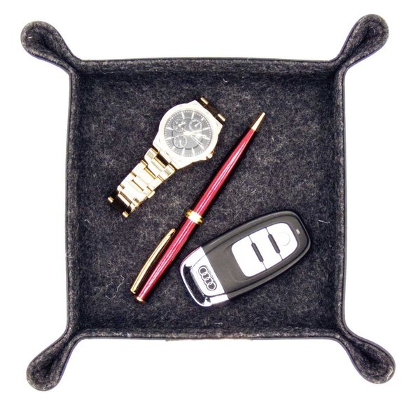 Schlüsselschale / Taschenleerer, aussen Leder Schwarz, innen Merino Wollfilz Schwarz 20x20cm