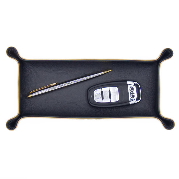 Leder Schlüsselschale / Stiftablage, aussen Sandbraun, innen Schwarz 24x12cm