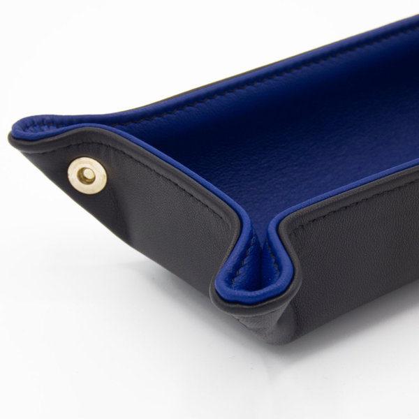 Leder Schlüsselschale, kleiner Taschenleerer, Schmuckablage, aussen Schwarz, innen Blau 18 x10cm