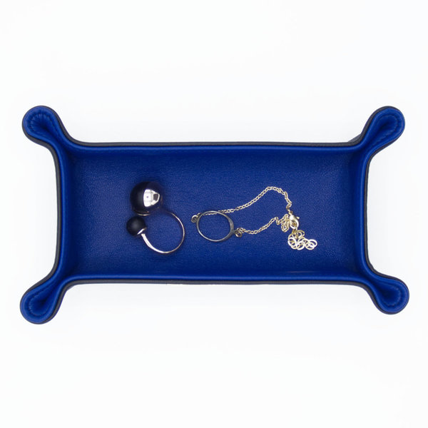 Leder Schlüsselschale, kleiner Taschenleerer, Schmuckablage, aussen Schwarz, innen Blau 18 x10cm