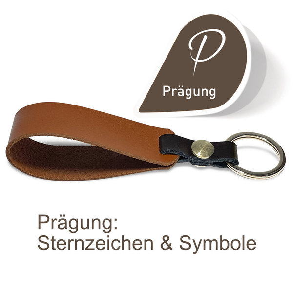 Personalisierbarer Leder Schlüsselanhänger Cognac / Braun. Sternzeichen, Symbole (Prägung H:10mm)