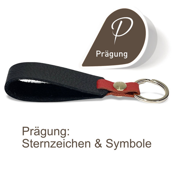 Personalisierbarer Leder Schlüsselanhänger Schwarz und Rot. Sternzeichen, Symbole (Prägung H:10mm)