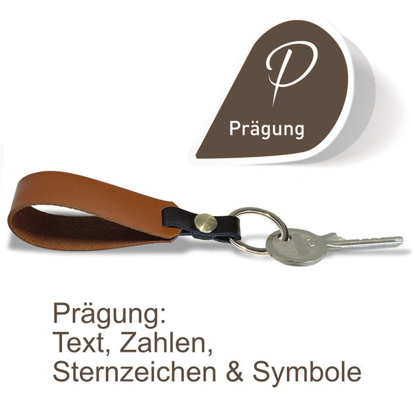 Personalisierbarer Leder Schlüsselanhänger Cognac und Braun. Text, Zahlen, Symbole (Prägung H:6mm)