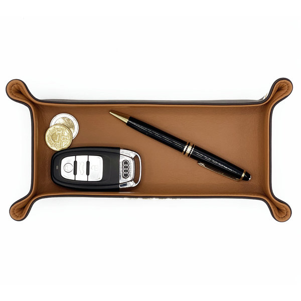 Leder Schlüsselschale, Stiftablage, Taschenleerer aussen Mokka, innen Cognac 24x12cm