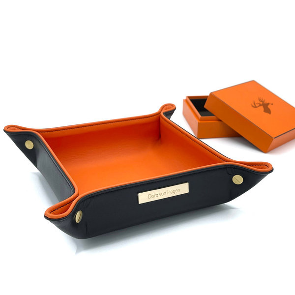 Premium Taschenleerer, aussen Lamm Nappa Schwarz, innen Semi-Anilin Rindleder Orange 20x20 cm