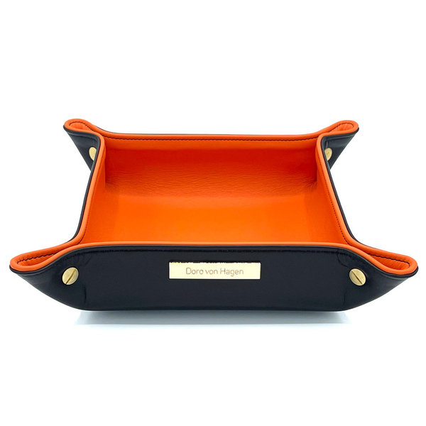 Premium Taschenleerer, aussen Lamm Nappa Schwarz, innen Semi-Anilin Rindleder Orange 20x20 cm