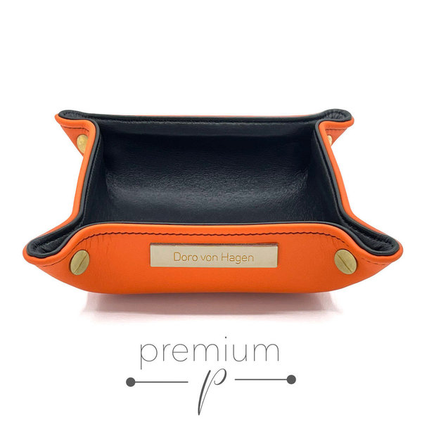 Premium Taschenleerer, aussen Semi-Anilin Rindleder Orange, innen Lamm Nappa Schwarz 14x14 cm