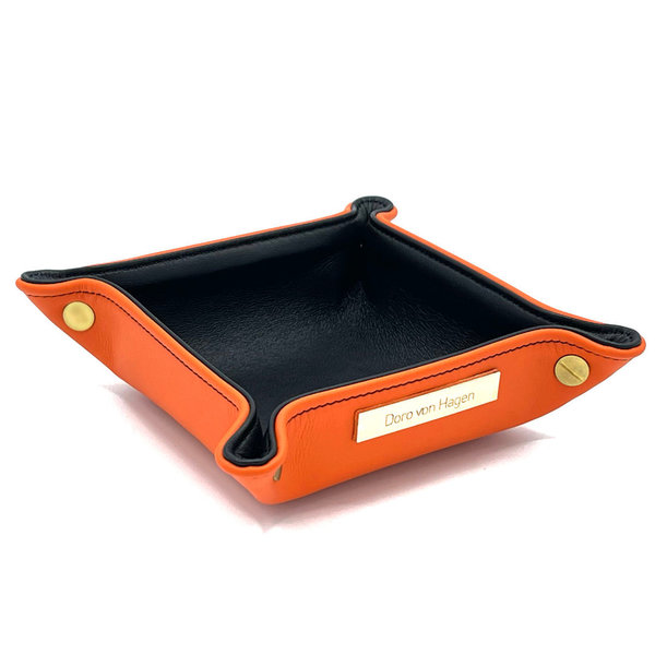 Premium Taschenleerer, aussen Semi-Anilin Rindleder Orange, innen Lamm Nappa Schwarz 14x14 cm