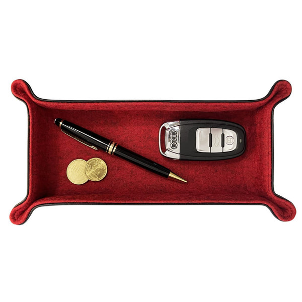Schlüsselschale / Stiftablage, aussen Leder Schwarz, innen Merino Wollfilz Granatrot 24x12cm