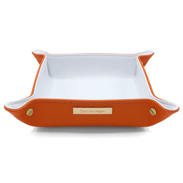 Premium Taschenleerer, aussen Semi-Anilin Rindleder Orange, innen Lamm Nappa Weiß 20x20 cm