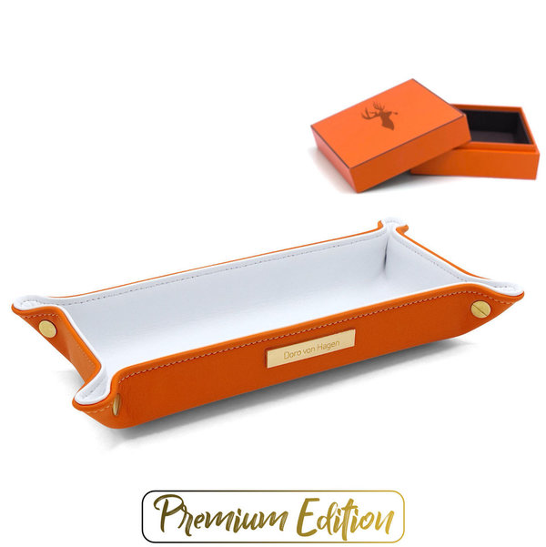 Premium Taschenleerer, aussen Semi-Anilin Rindleder Orange, innen Lamm Nappa Weiß 24x12 cm