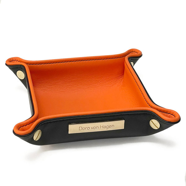 Premium Taschenleerer, aussen Lamm Nappa Schwarz, innen Semi-Anilin Rindleder Orange 14x14 cm