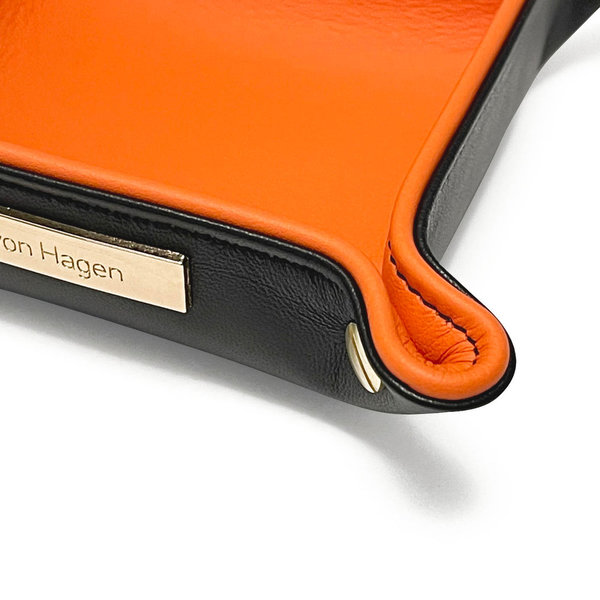 Premium Taschenleerer, aussen Lamm Nappa Schwarz, innen Semi-Anilin Rindleder Orange 14x14 cm