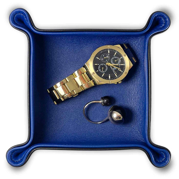 Leder Schlüsselschale / kleiner Taschenleerer, aussen Schwarz, innen Royalblau 14x14cm,