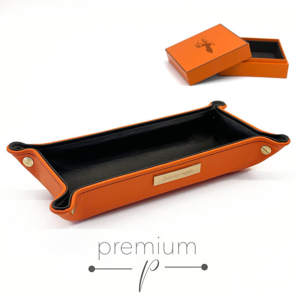 Premium Taschenleerer, aussen Semi-Anilin Rindleder Orange, innen Lamm Nappa Schwarz 24x12 cm